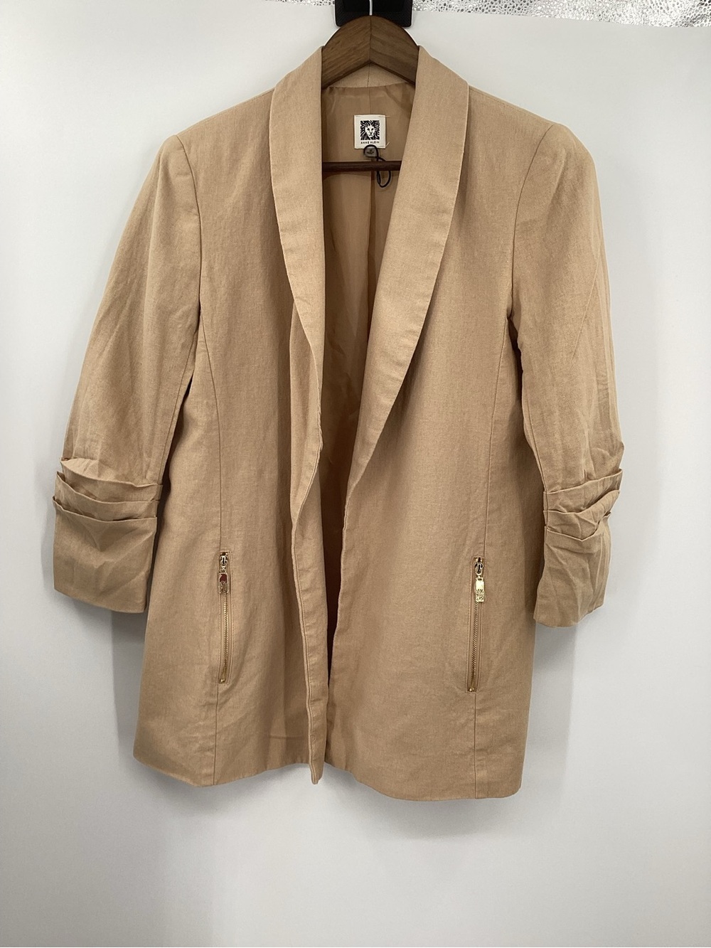 Anne Klein Tan Open-Front Blazer with Ruched Sleeves